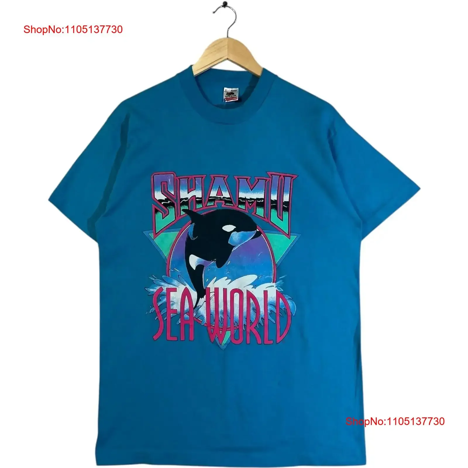 Men's Vintage Shamu Sea World Blue Souvenir T Shirt L vintage Washed Slightly Versatile fashion homme Unisex Breathable