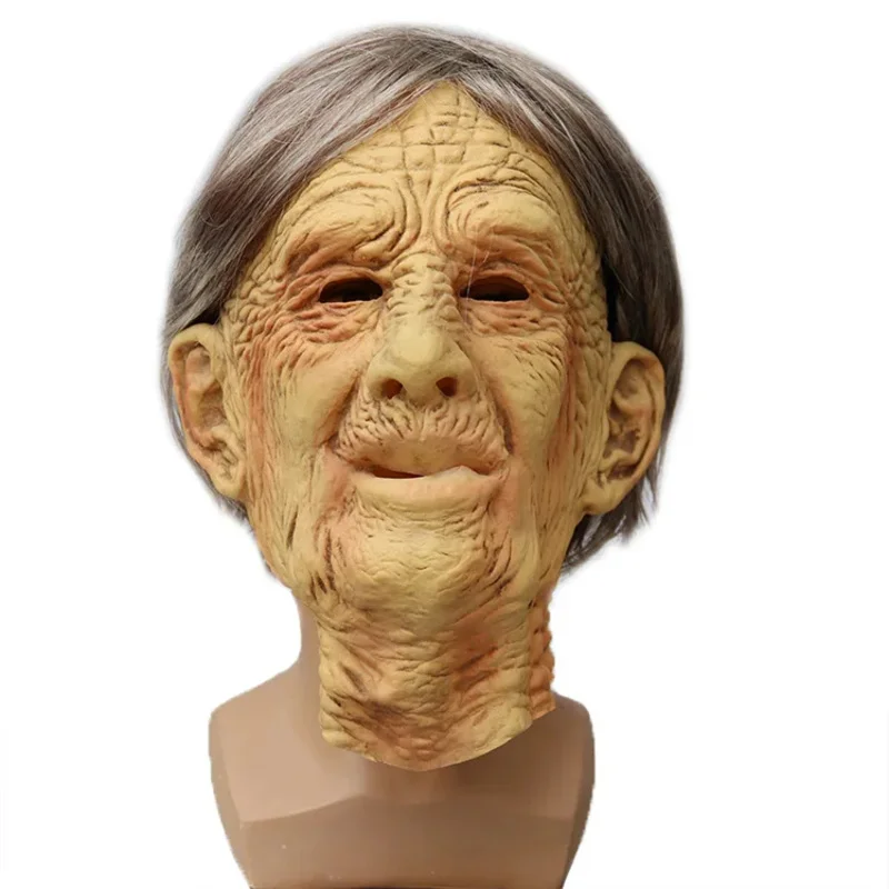 qq78Request7Halloween White-haired Old Lady Latex Rave Party Scary Witch Mask Lifelike Grandma Cosplay Costume Prop - view 5