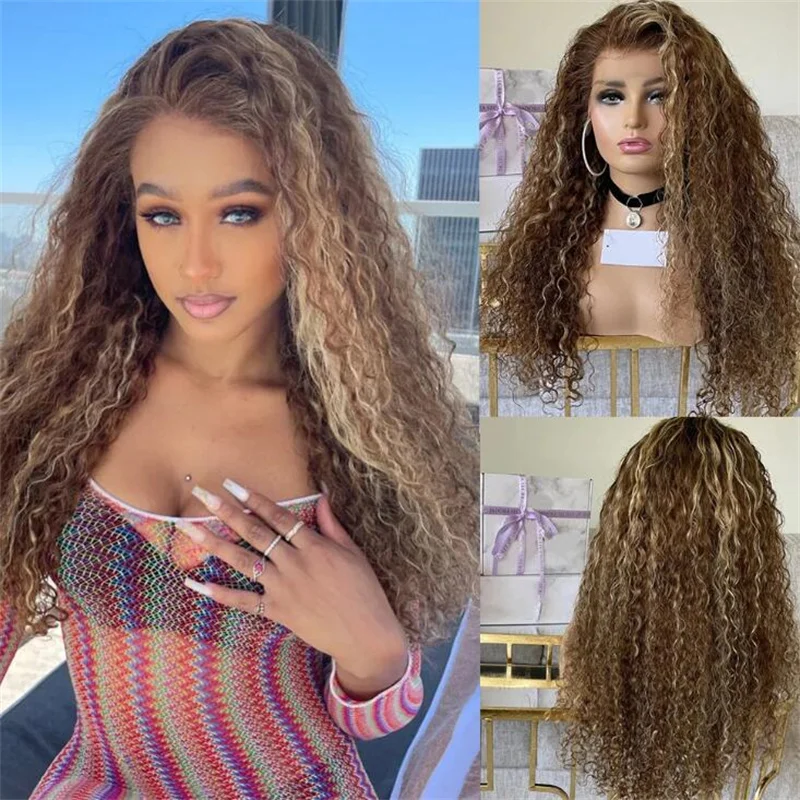 

Ombre Blond 26 inch 180Density Long Soft Kinky Curly Lace Front Wig For Women BabyHair Heat Resistant Glueless Preplucked Daily