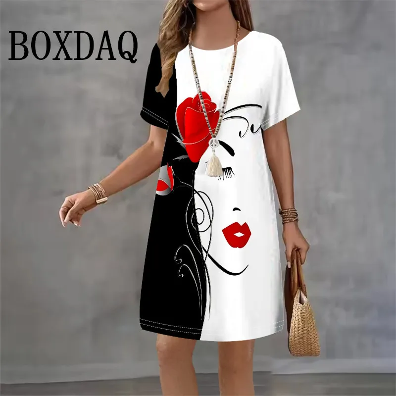 

Абстрактная живопись, платья с принтом лица для женщин, мода 2024, одежда больших размеров, летнее повседневное свободное платье с коротким рукавом и уличным искусством