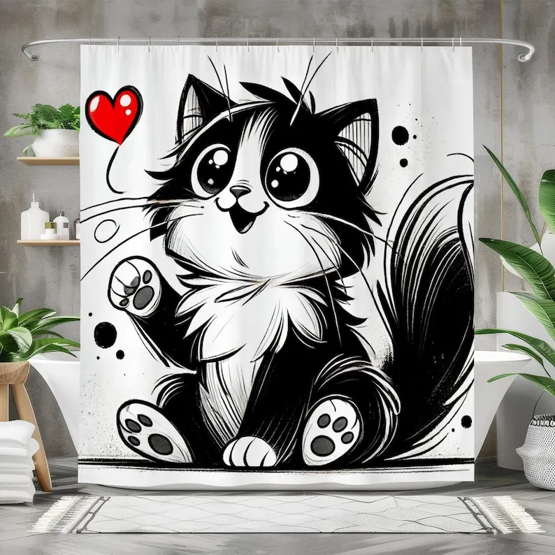 

Cute Black and White Cat Shower Curtain, Waterproof Fabric Bath Curtain, Adorable Cartoon Kitten Design Animal Bathroom Decor