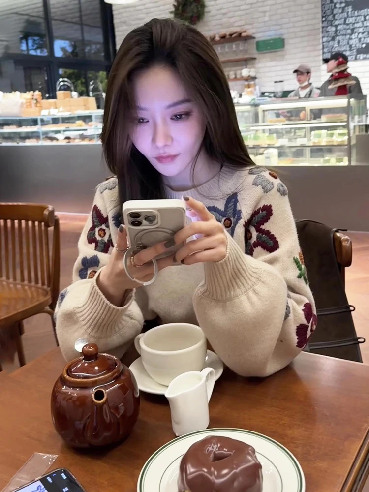 Thiened rond Ne tricots femmes travail lourd fleur automne hiver vêtements intérieurs haut Faionable trajet Sle coupe ample longue...