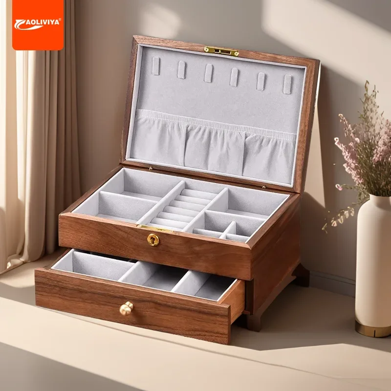 

Aoliviya Walnut Three Gold Jewelry Box High-End Entry Lux Double-Layer Jewelry with Lock Jewelry Storage Box Large Capacity Wood