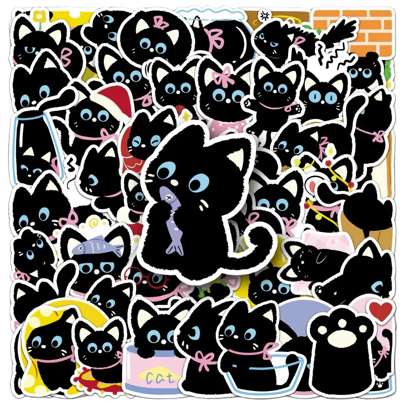 

50Pcs Cute Cartoon Bow Black Cat Stickers - Fun Children's Stationery Sticker - Scrapbook Journal Phone Case Luggage Decoration