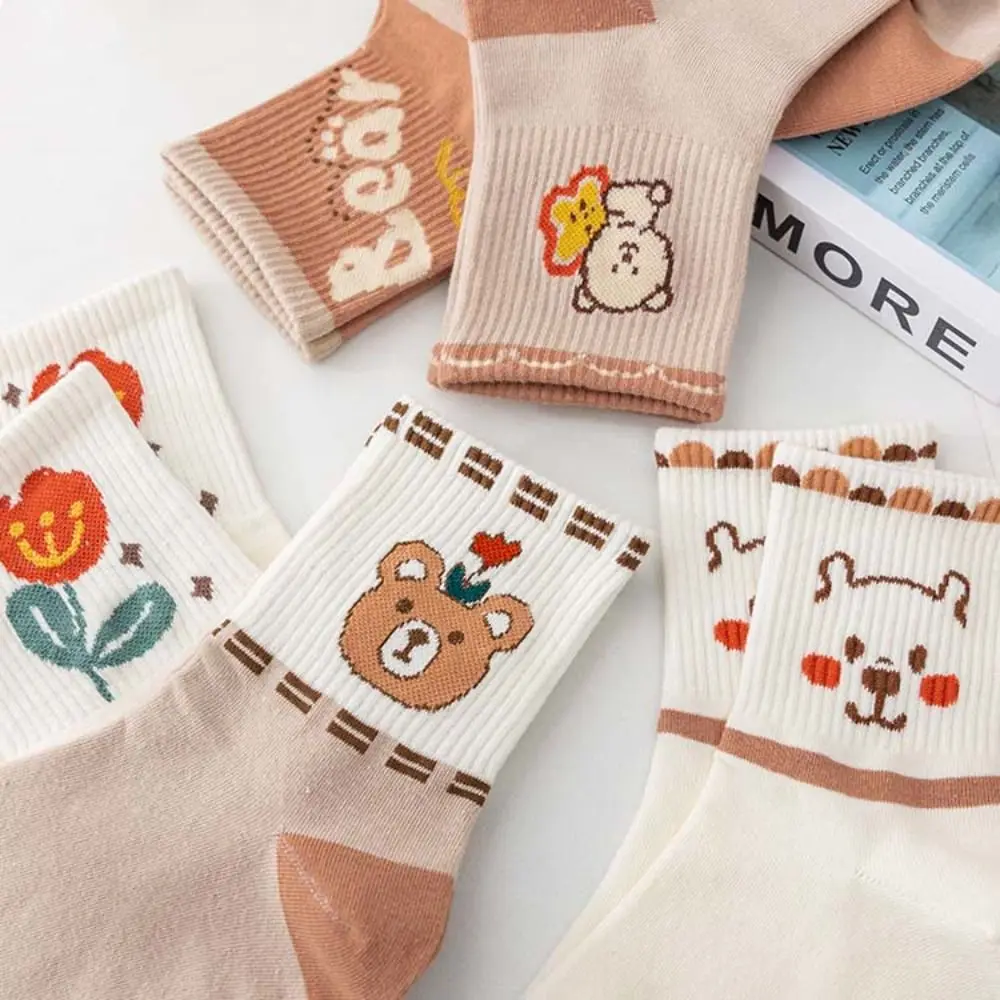 5 pairs Letter Cartoon Bear Socks Stripe Patchwork Flower Ankle Socks Lolita JK Women's Hosiery Summer Tube Socks Streetwear