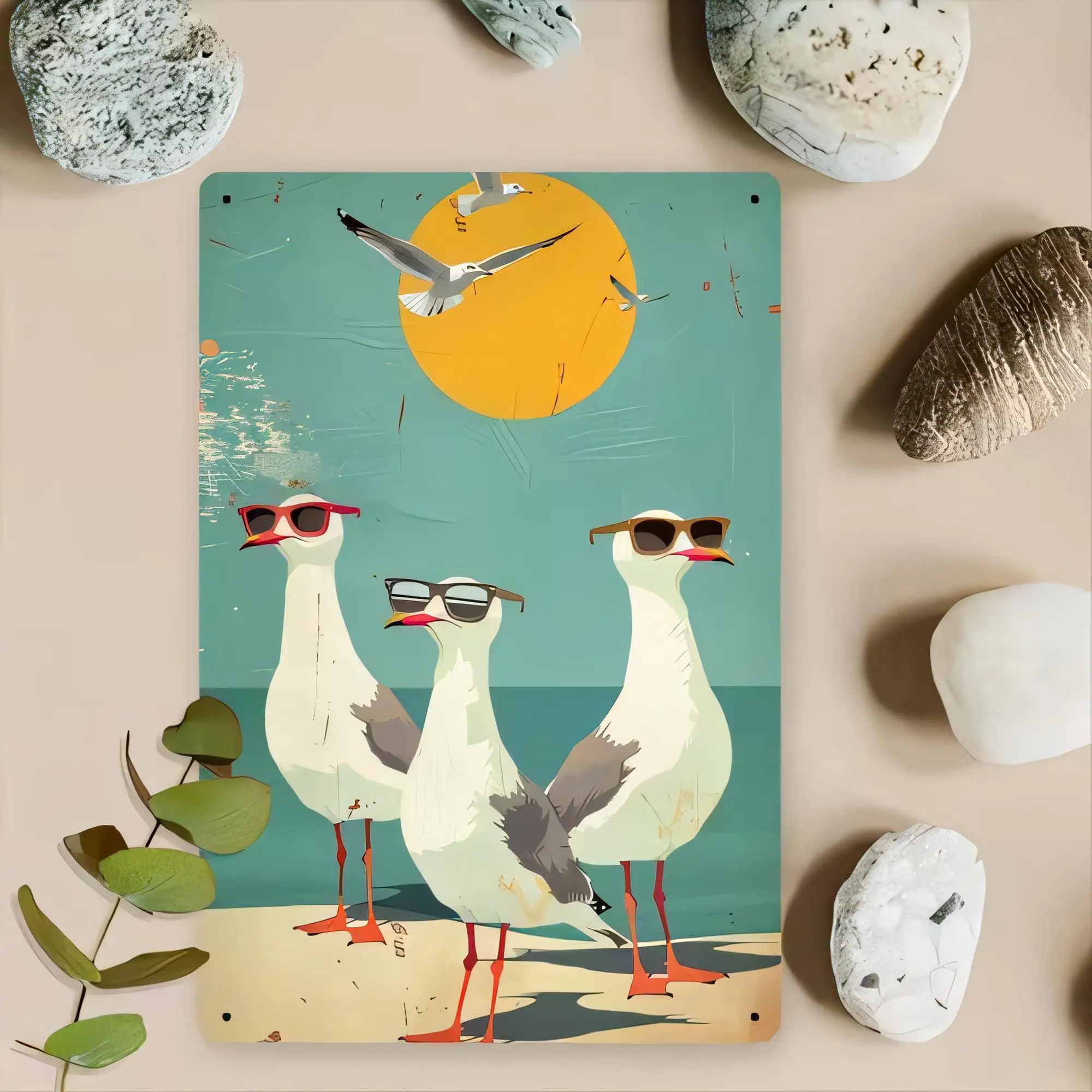 Tin Sign Seagull Birds Beach Poster Retro Wall Decor, Coastal Nautical Metal Plaque for Garden Patio Bar Pub Home Bedroom, Vinta