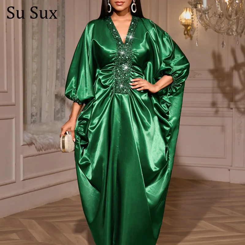 

African Dresses For Woman Plus Size Dubai Abayas Africa Clothing Sequins Pathwork V Nek Bat Sleeve Maxi Dress Partyclub Bust214