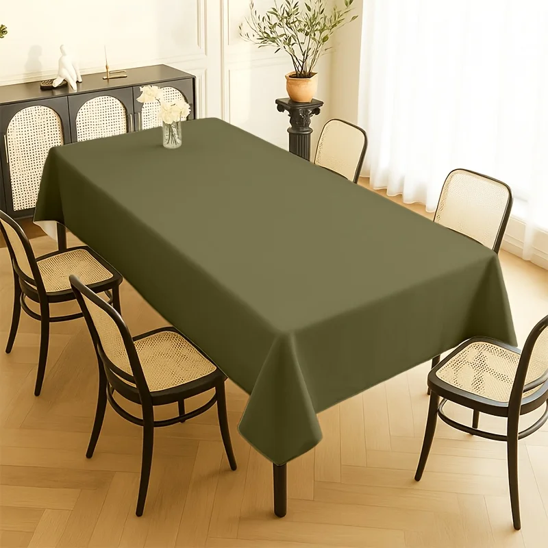 A 2D printed solid olive green tablecloth, easy to clean.