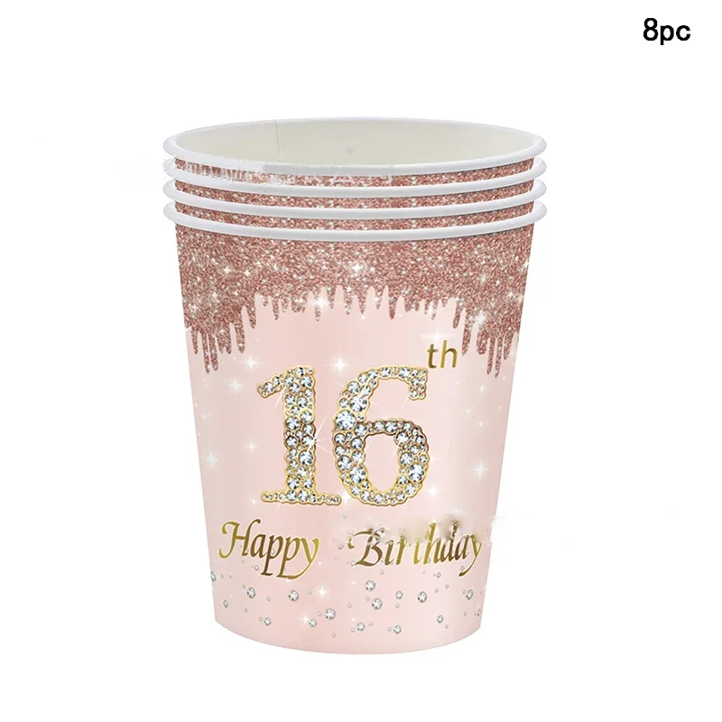 8 Gäste Roségold Diamant 16. Einweggeschirr Rosa 16-jährige Tellerserviette Prinzessin Happy Girl 16. Geburtstag Partygeschenk – Detail 6