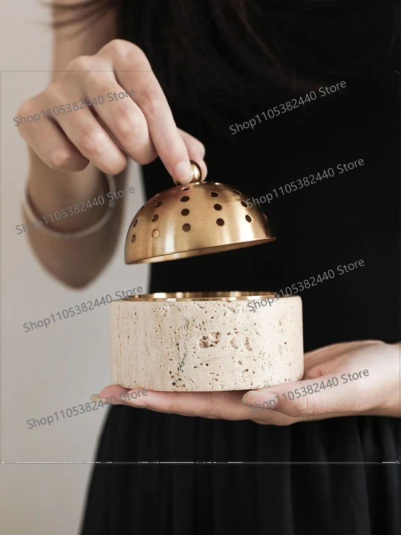 Wabi-Sabi Natural Travertine Aromatherapy Burner, Vintage Metal Candle Holder, Luxury Desktop Ornament for Home Decor