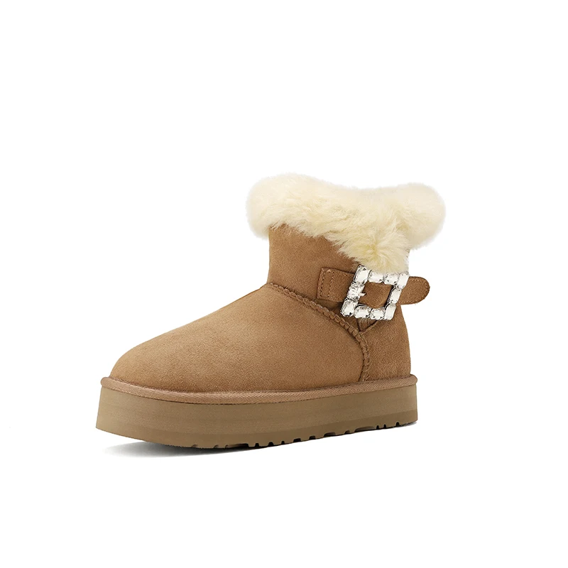 Sheepskin and fur lightweight casual rhinestone decorated pure wool solid color round toe snow boots