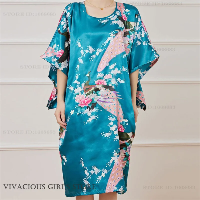 Plus Size Nightgown Sleepwear Women\'s Summer Nightwear Robe Lady Sexy Nightdress Silk Rayon Loose Bathrobe Gown Home Dress