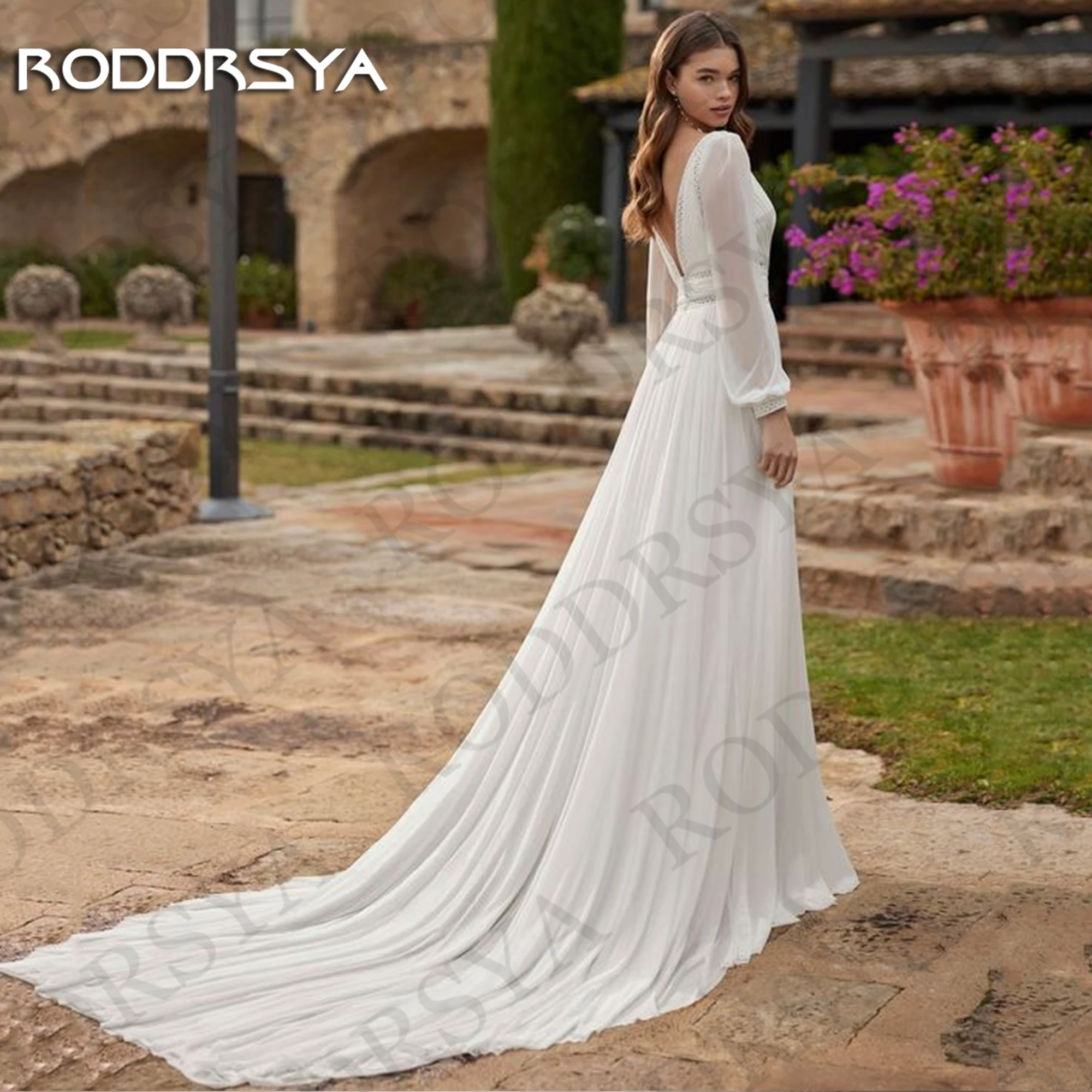 RODDRSYA-Robe de Mariée à Manches sulfen Mousseline de Soie Tenue Chic et Élégante Style Boho Coupe Trapèze Dos aux pour les Patients Personnalisée Col en V Robe de mariée bohème à manches longues Robe de mariée élégan