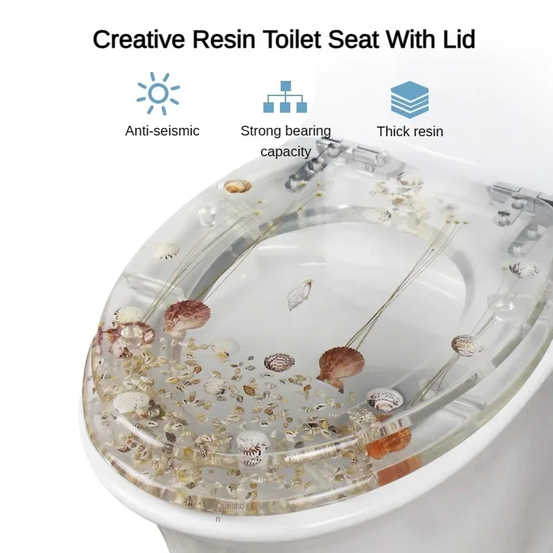 Resin Toilet Seat Cover, Ocean Style Toilet Lid with Shells, Quick Release Toilet Seats Easy Installation Bathroom Accessories