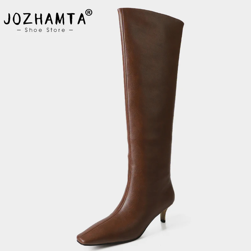 

JOZHAMTA Size 34-40 Women Knee High Boots Real Leather Sexy Thin High Heels Shoes Winter 2024 Wide Calf Pull On Long Tall Boots