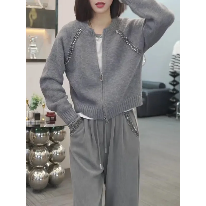 Fashionable Rhinestone Knitted Cardigan Women's Autumn and Winter New Style Loose and Versatile Long Sleeved Sweater Jacket