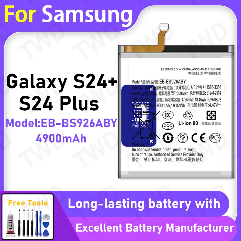 

100% New 4900mAh EB-BS926ABY Battery For Samsung Galaxy S24+/S24 Plus Battery Replacement Bateria+Free Tool