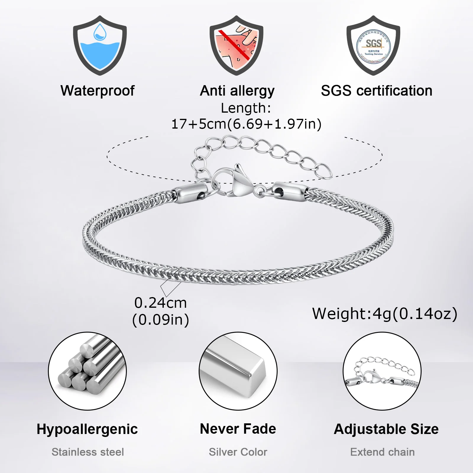 Herren Dünnes Fuchsschwanz-Kettenarmband, Wasserdichtes Edelstahl Verstellbares Gliederarmband, Neuer Hip-Hop-Schmuck – Detail 1