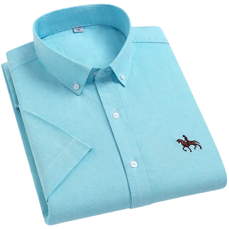 100% Pure Cotton Oxford Shirt for Men’s Short Sleeve Solid Stripe Leisure Embroidered Horse Social Business Formal Dress Shirts
