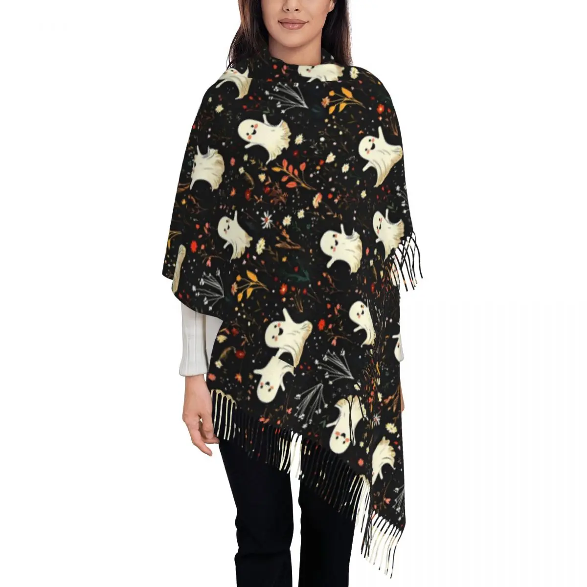 Halloween Cute Ghost Scarf for Womens Warm Winter Cashmere Shawls and Wrap Single-sided Pattern Shawl Scarf Lightweight