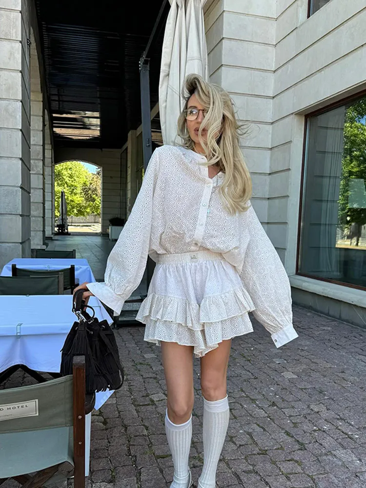 Elegant White Embroidery Hollow Out Shorts Sets Women O-neck Buttons Shirts Ruffles Shorts Suit Summer Causal Vocation Outfits