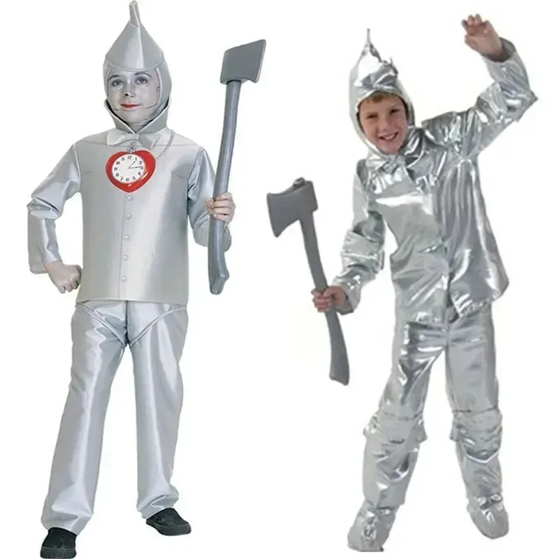 Disfraz de Hombre de Hojalata para Niños, Traje Plateado del Mago de Oz con Hacha para Fiesta de Disfraces de Halloween