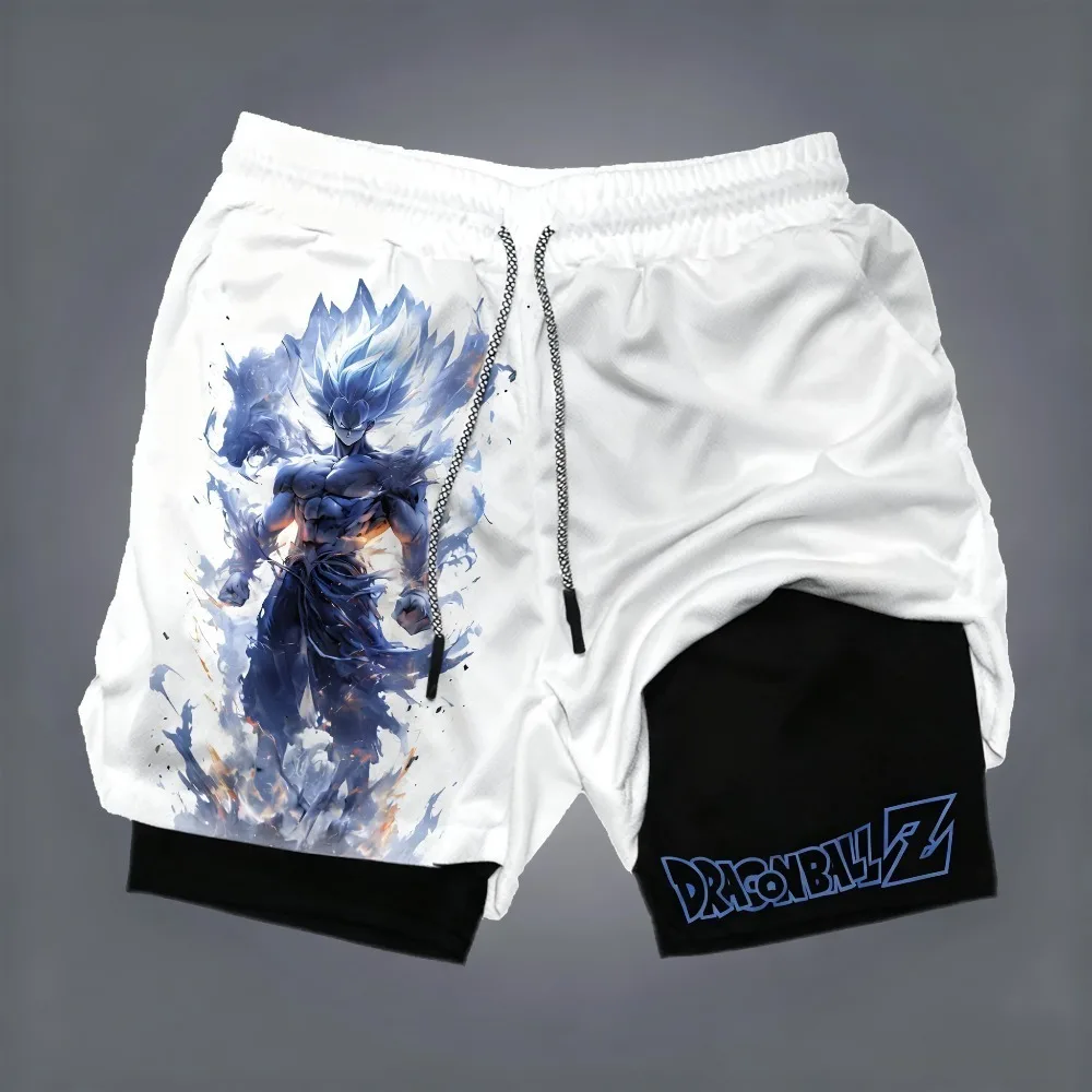 Dragon Ball Anime Goku Periphere bedruckte doppellagige Shorts, amerikanische sportliche Sommerhose für Herren, lockere und atmungsaktive Hose