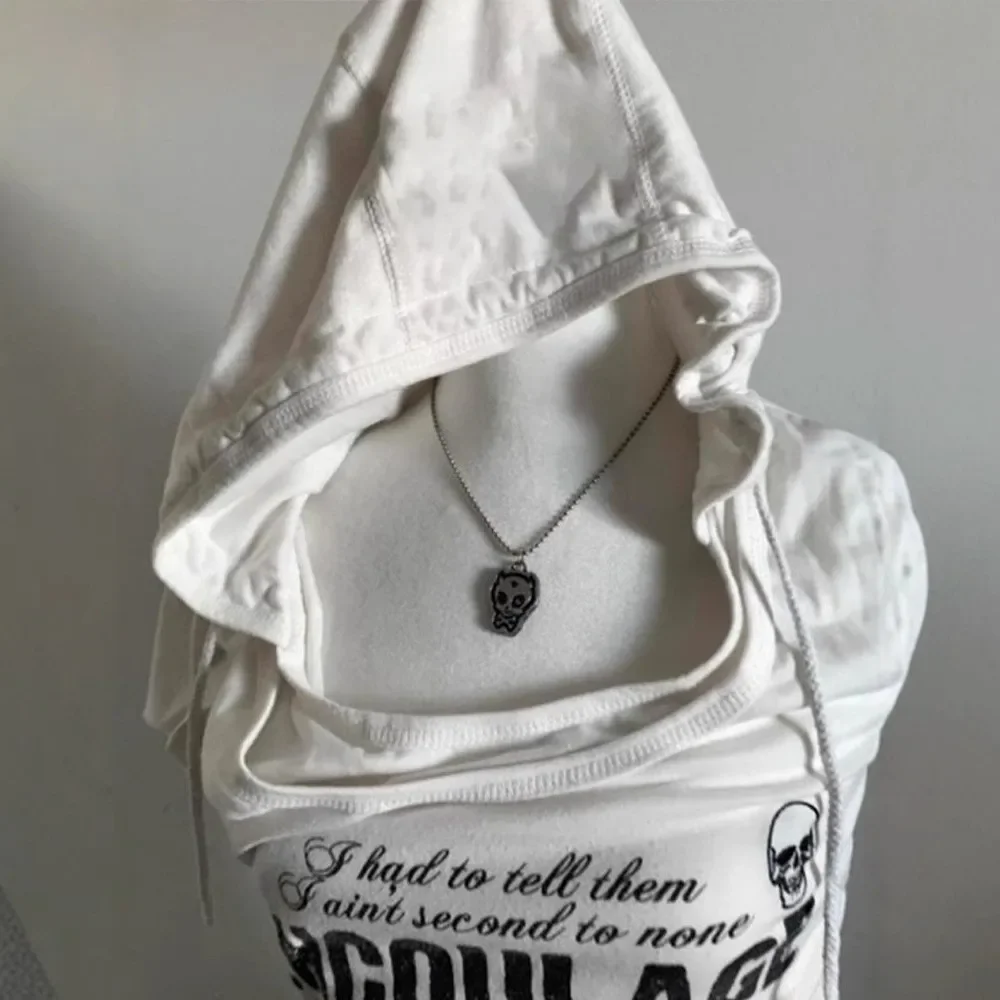 Goth Y2k American Vintage Hooded Short Sleeved Fake Two-piece T-shirt Grunge Girl Cut Top Women's Summer Shirts for Women Trendy