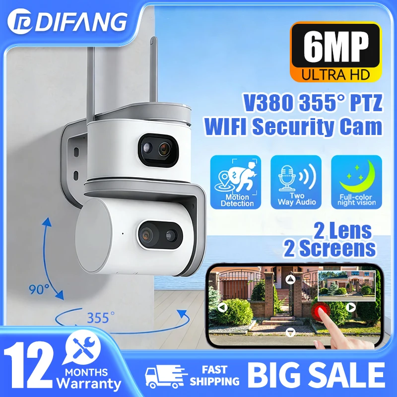 

DIFANG 6MP V380 WIFI In/Outdoor Security Camera 2 Lens 2 Screens PTZ Auto Tracking Full-Color Night Vision 7/24H Recording CCTV
