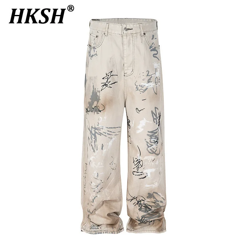 

HKSH Men's Tide Punk High Street's Trendy Hand-painted Graffiti Jeans Worn Out Straight Loose Fitting Denim Pants Fashion HK0564