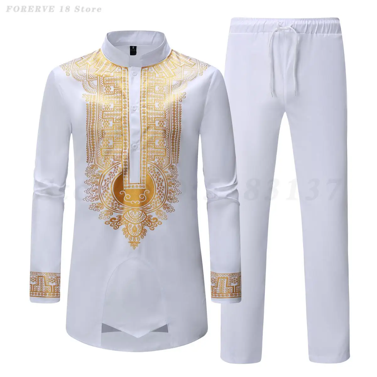White African 2PCS Clothing Men Long Sleeve Mandarin Collar Shirts Trousers Suit Traditional Muslim Robe Wedding Party Costume