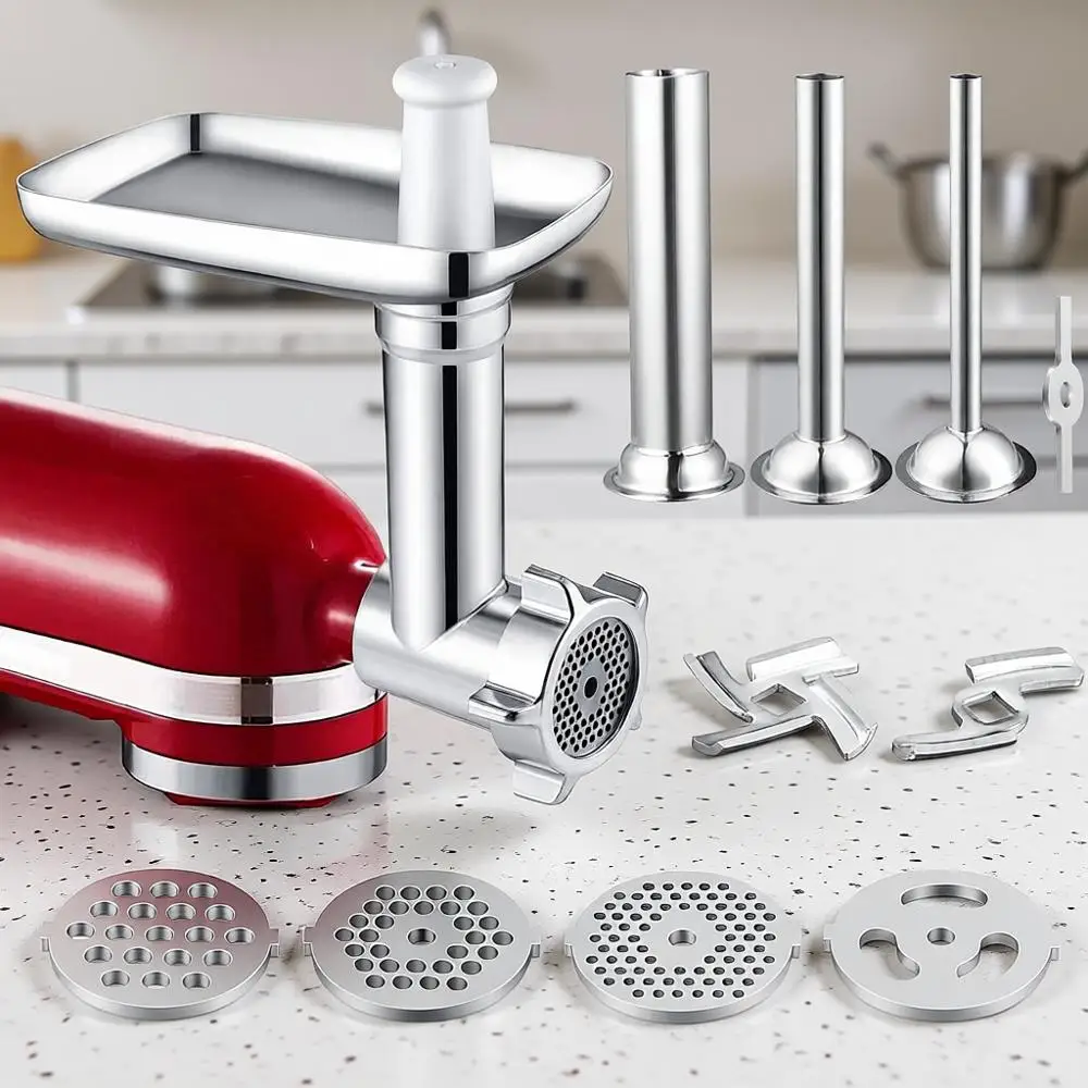 

Meat Grinder Attachment with 3 Sausage Tubes and 4 Grinding Plates, Metal Food Grinder Accessories