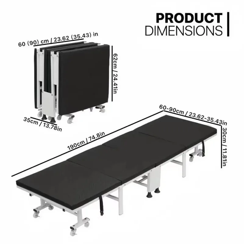 75inch Heavy-Duty Portable Folding Bed、Thickened Steel Frame,Lockable Pulley,Suitable for Office Nap、Friends Accommodation