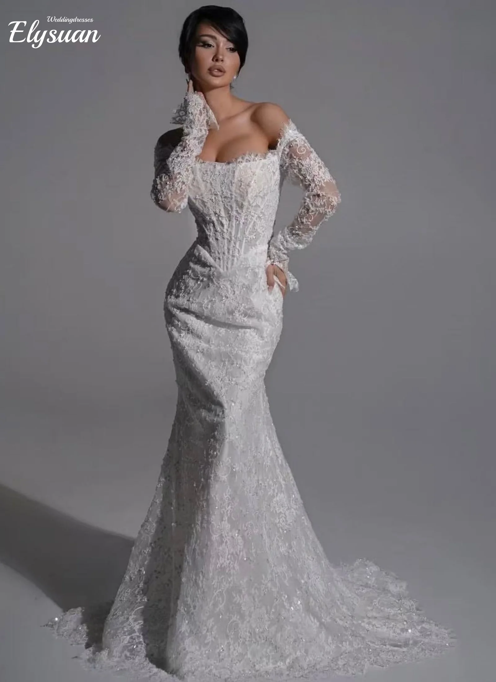 Customzied Elegant Full Appliques Sweetheart Mermaid Wedding Dresses Off the Shoulder Long Sleeves  Bridal Gowns