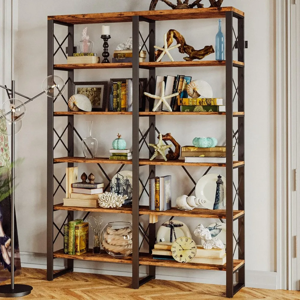 Bookshelf Double Wide 6-Tier 76" H, Open Large Bookcase, Industrial Style Shelves, Wood and Metal Bookshelves for Home Office,