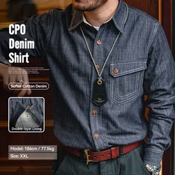 Maden Retro Thin Long-sleeved Denim Shirts Single-breasted Lapel Collar Stitch Design Cotton Men's Spring and Autumn Blouses