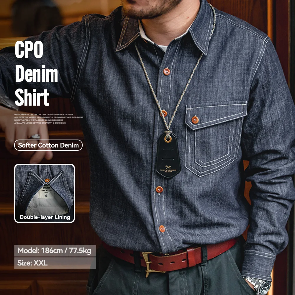 Maden Retro Thin Long-sleeved Denim Shirts Single-breasted Lapel Collar Stitch Design Cotton Men's Spring and Autumn Blouses