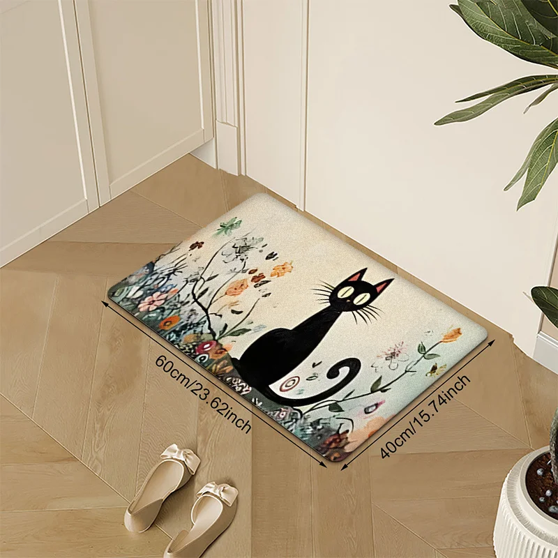 1pc Big-Eyed Cat & Floral Print Non-Slip Floor Mat - Quick-Dry Polyester Mat for Indoor/Outdoor Entrance, Kitchen, Sofa & Coff