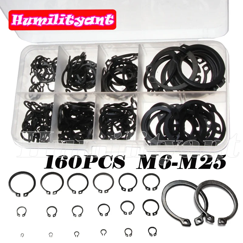 160PCS Black Ring Circlip M6~M25 External Retaining Black Ring Circlip Snap Ring Carbon Steel Circlip With Box