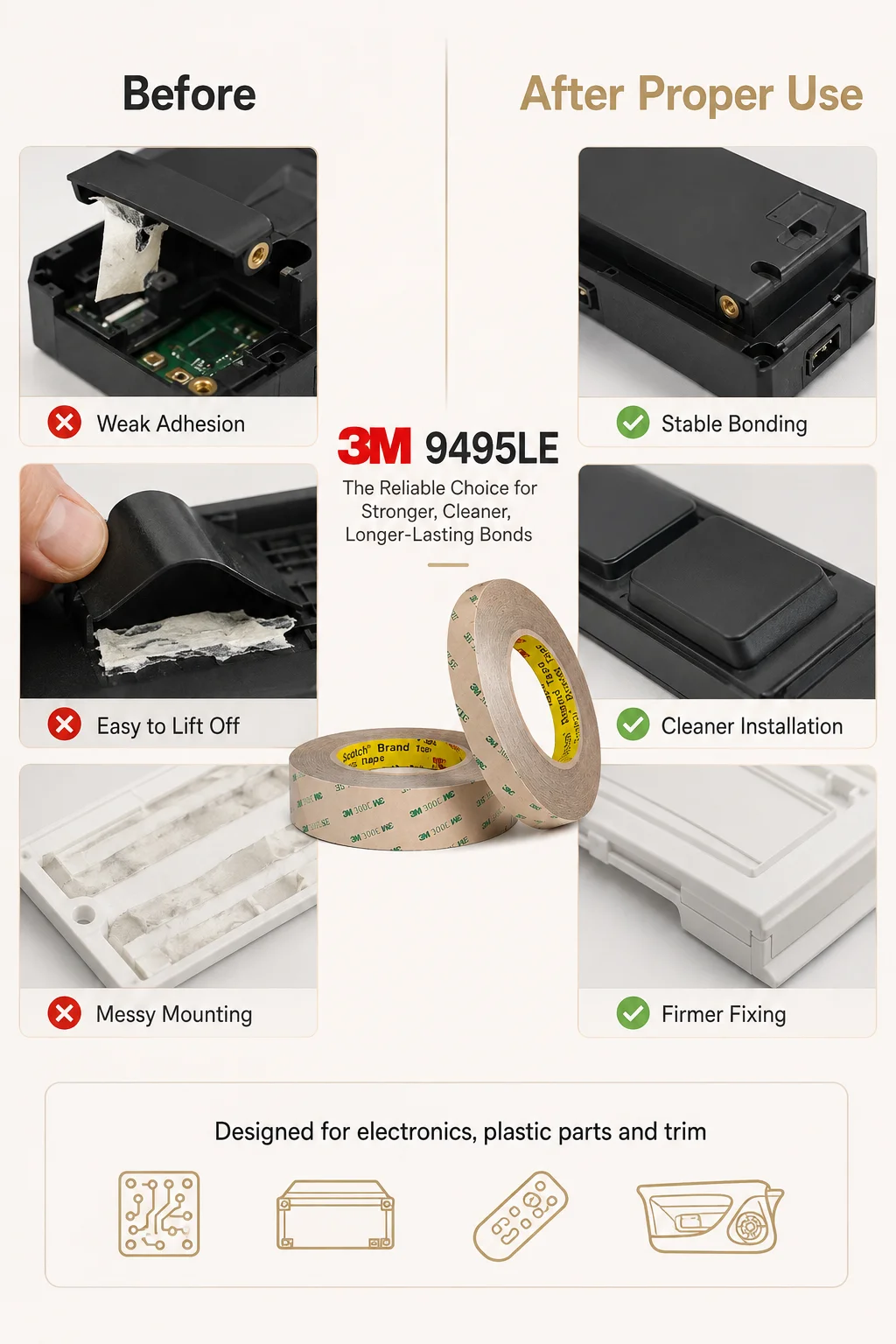 3M 9495LE Doppelseitiges PET-Klebeband 300LSE Acrylklebstoff für Elektronik-Kunststoffteile und Autoteile 0,17mm 11m – Detail 4