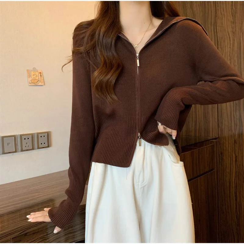 

Knitted Zippers Stand Collar Sweaters Women's Street Khaki Long Sleeve Cardigan Tops 2025 Autumn New Female Solid Top Knitwear