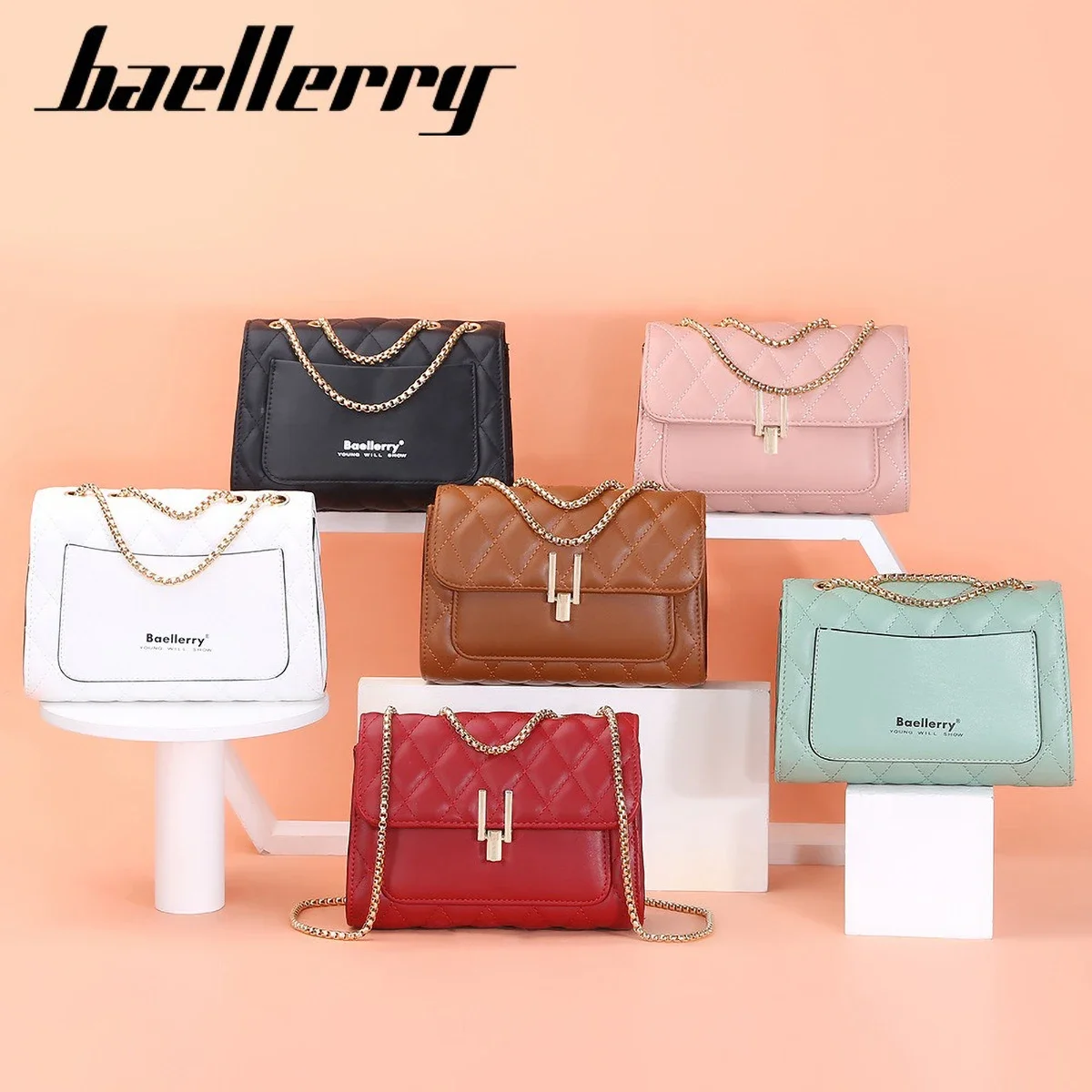 حقيبة كروس نسائية من Baellerry، محفظة مربعة صغيرة مبطنة مع حزام سلسلة وقفل للإغلاق، حقيبة كتف مصممة للنساء