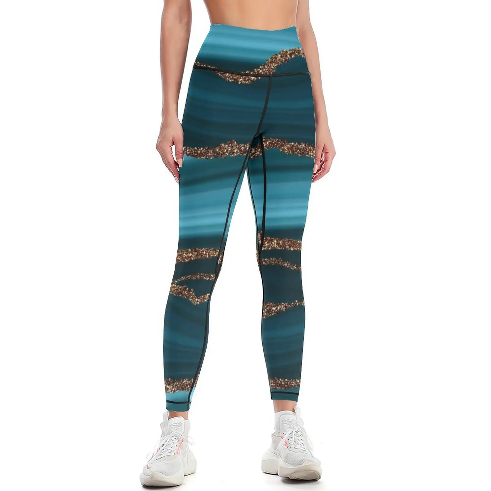 

Abstract Teal Blue And Gold Faux Marble Strokes Leggings high waist Fitness's gym clothes Womens Leggings