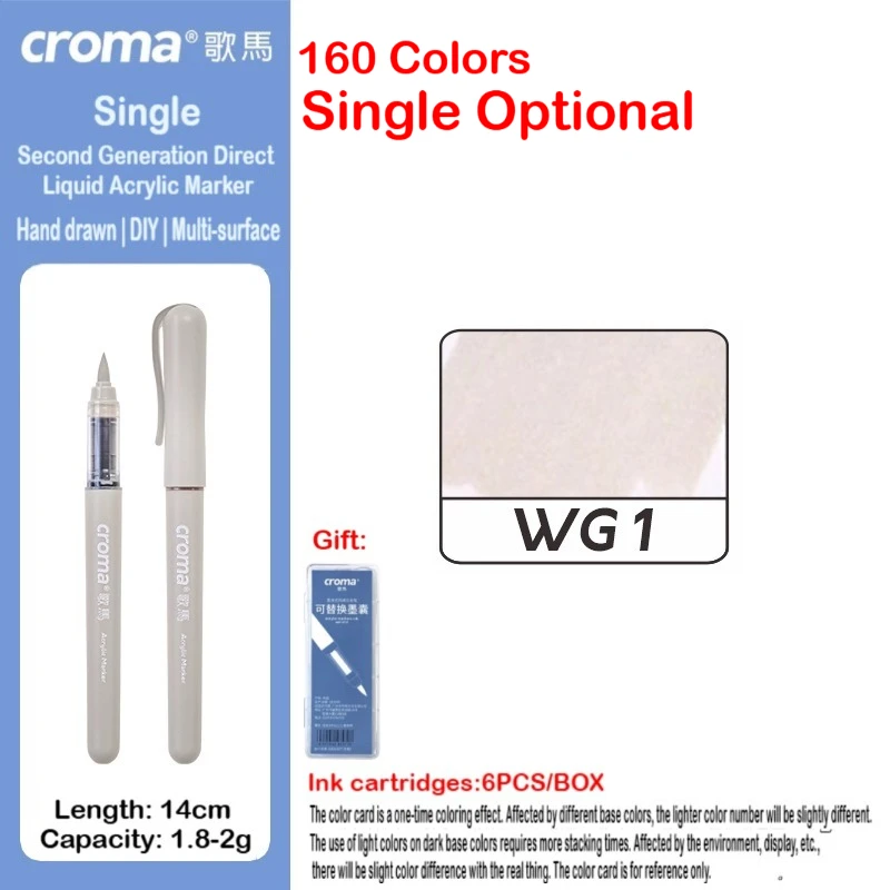 

Croma 1 PC 160 Colors Replaceable Ink Cartridge Liquid Soft Tip Acrylic Markers Washable Waterproof Stationery School Supplies