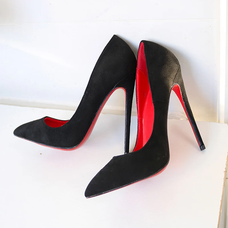 

2024 New Arrival 12cm Women Sexy Elegant Pumps Stilettos Flock Black Red inside High Heels Pointed Toe Party Woman Dress Shoes