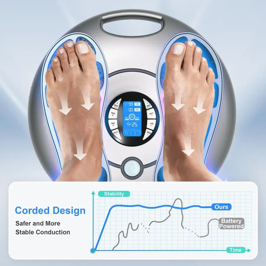 مدلك للعصبي، محفز القدم EMS TENS للدورة الدموية وتخفيف الآلام، وحدة تحفيز العضلات مع 4 أقطاب كهربائية