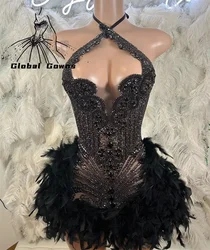 Black Feathers Halter Short Prom Dresses Girls Crystal Beading Birthday Party Dress Luxury 2024 Mini Cocktail Gowns Customized