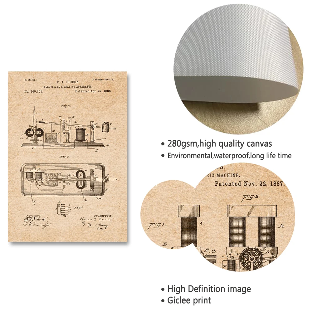 Vintage Thomas Edison Dynamo/lampa elektryczna Patent szkic plakat inżynier płótno malarstwo drukuje zdjęcia ścienny dekoracje do domowego biura