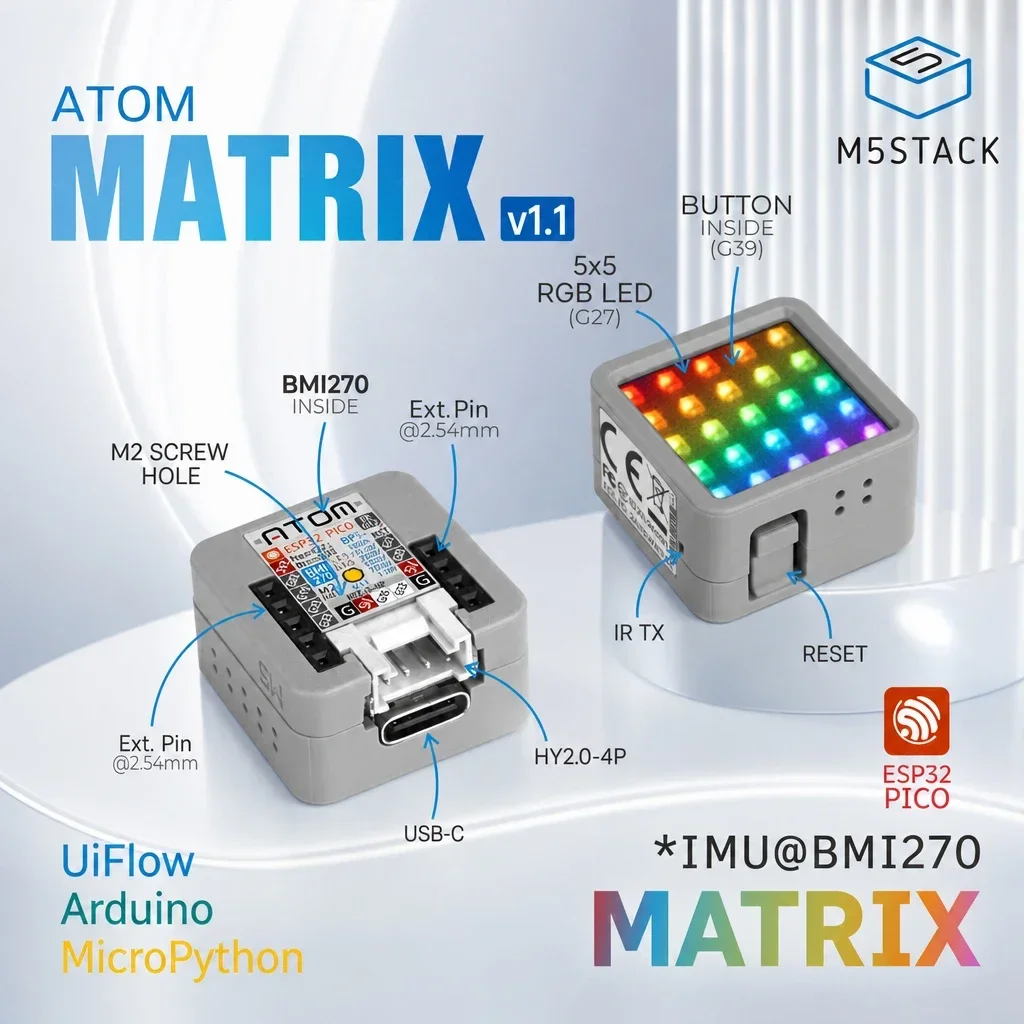 M5Stack Atom Matrix v1.1 ESP32 IoT Controller 25 RGB LEDs Motion Sensor BMI270 Infrared Transmitter WiFi Arduino DIY Board