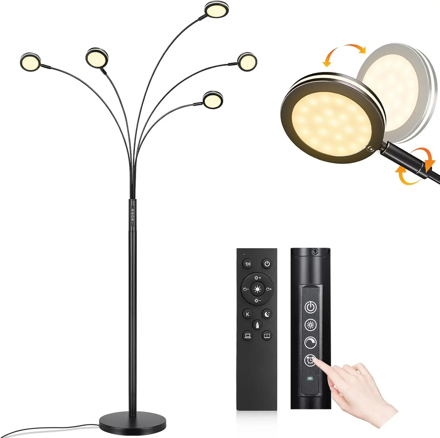 LED Arc Floor Lamp with Remote,2250LM Dimmable Floor Lamp with Timer | Adjustable Color, Brightness & 5 Adjustable Arms